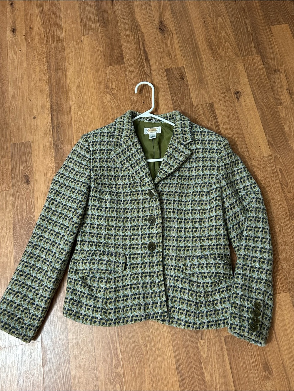 Talbots Wool Blend Italian Blazer Green Tweed Cropped Jacket